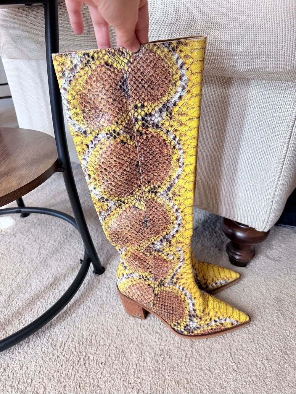 Sam Edelman Lindsey Yellow Knee-High Snake-Print Embossed Leather Upper Boot 6.5
